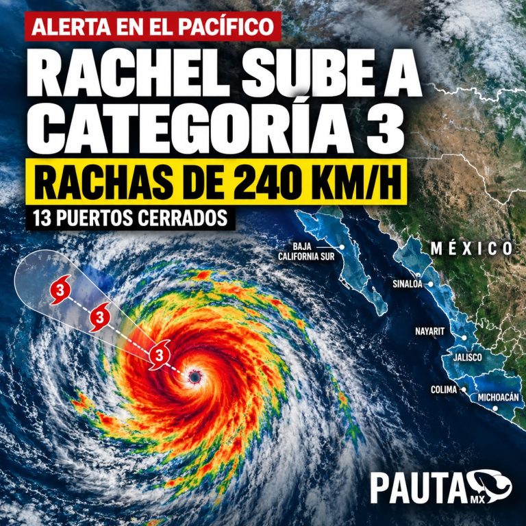 Rachel alcanza categoría 3 frente al Pacífico mexicano; registra rachas de hasta 240 km/h